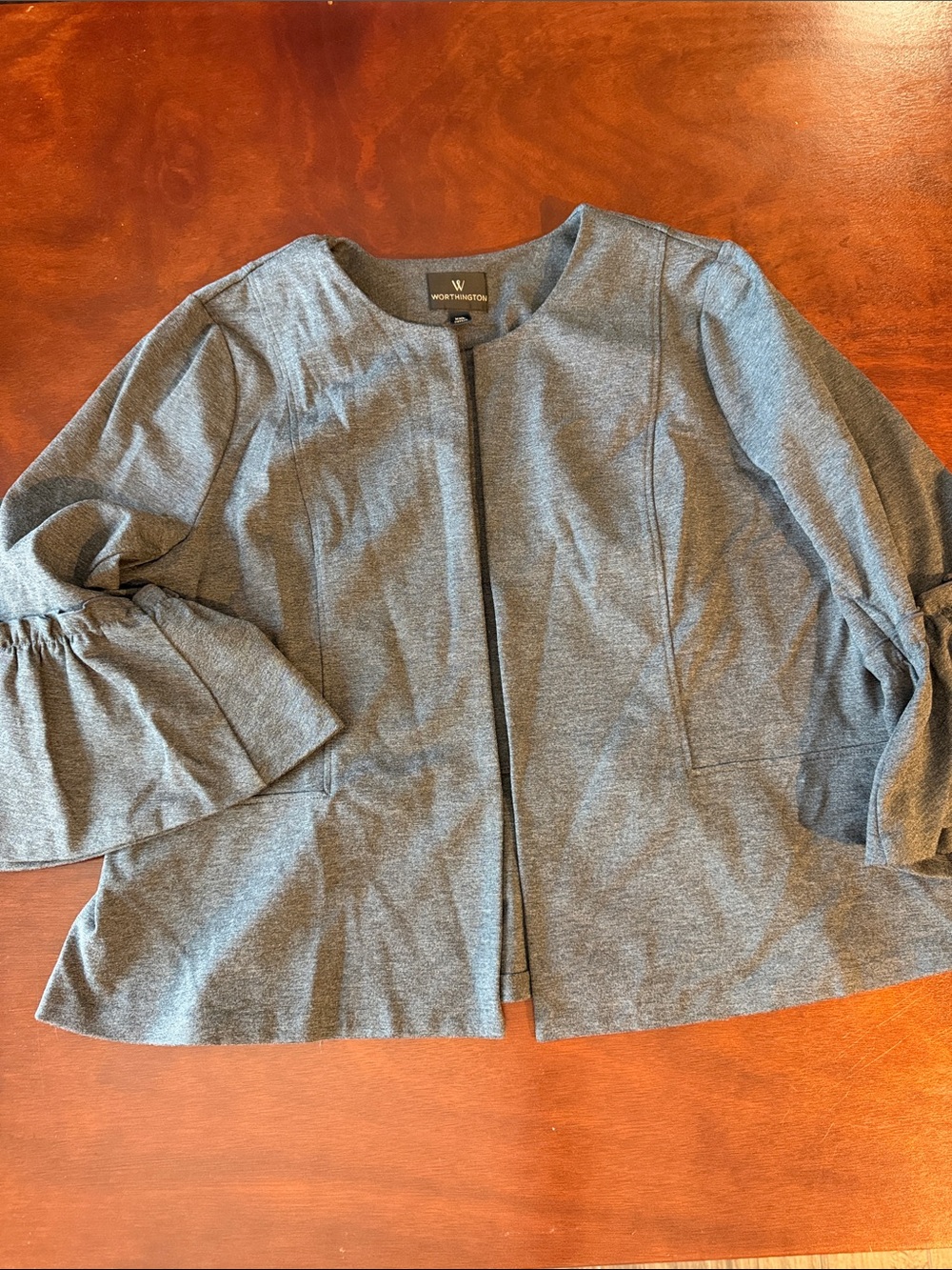 Worthington Gray Ruffle-Sleeve Open-Front Ponte stretch Blazer